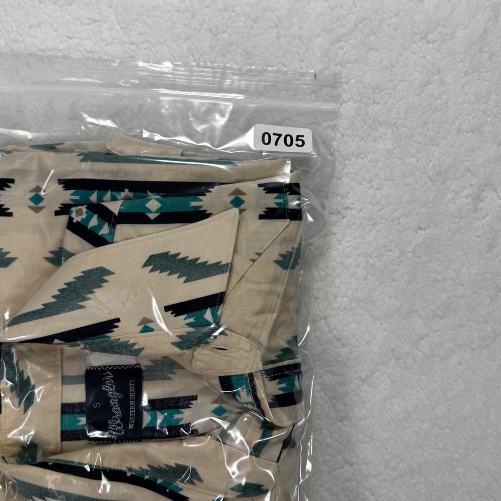 Wrangler Mens Aztec Western Snap Shirt Small Teal Tan Geometric Long Sleeve - Picture 12 of 12
